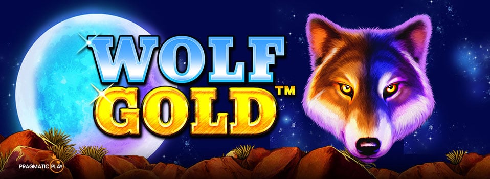 Wolf Gold Slot Logo von Pragmatic Play neben einem Wolf mit Vollmond im Hintergrund